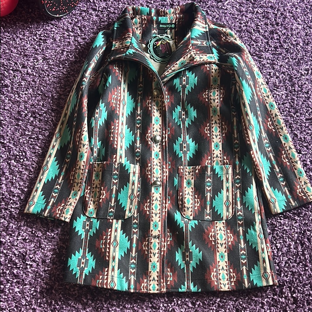 Green and Brown Trench Coat with Geometric Design